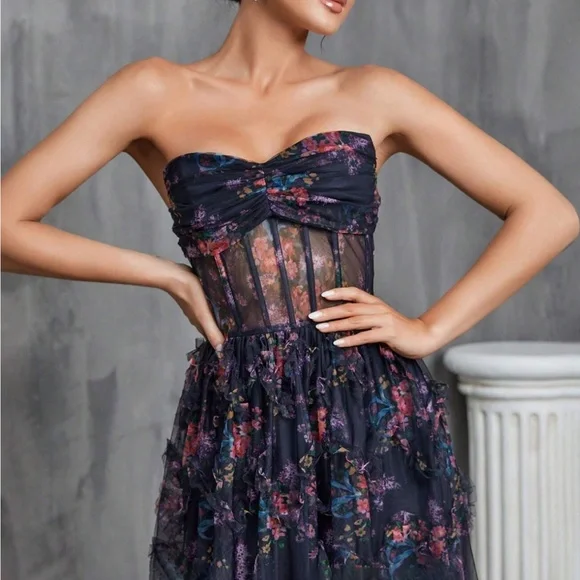 Luxe Floral Print Ruched Corset Party Wedding Formal Dress - Picture 3 of 4